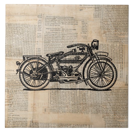 Vintage-Motorrad-Kunst im Zeitungs-Textstil Fliese (Vorderseite)
