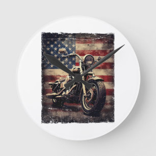 Vintage-Motorrad USA-Flagge Retro-Biker Amerikanis Runde Wanduhr
