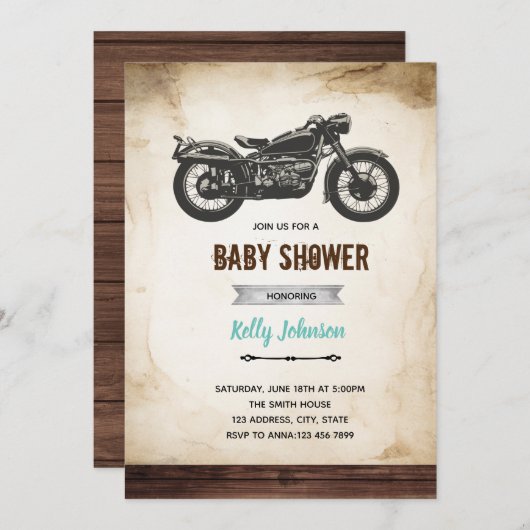 Vintage Motorraddusche - Einladung zum Geburtstag (Vorne/Hinten)