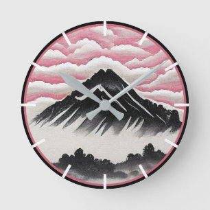 Vintage Mountain Japanese Art Landscape Runde Wanduhr