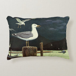 Vintage-Möwe auf Pier sitzend, Meeresvögel Tiere Dekokissen