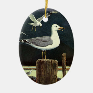 Vintage Möwe auf Pier sitzend, Meeresvögel Tiere Keramikornament