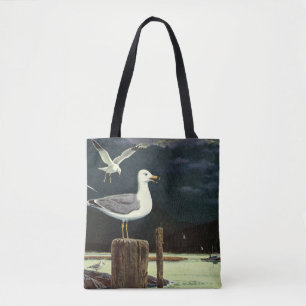Vintage Möwe auf Pier sitzend, Meeresvögel Tiere Tasche