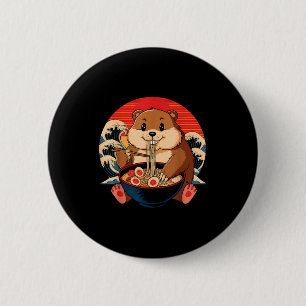 Vintage-Murmeltier isst Ramen Lustiger glücklicher Button