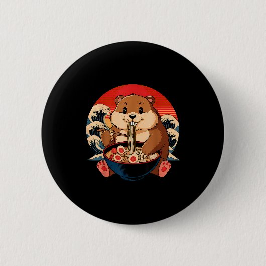 Vintage-Murmeltier isst Ramen Lustiger glücklicher Button (Vorderseite)