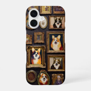 Vintage-Museumswand, lustige Corgi-Hundeporträts iPhone 16 Hülle