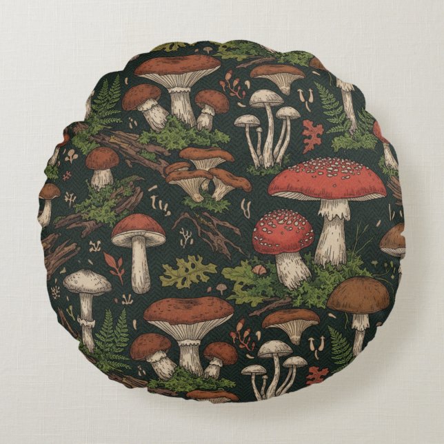 Vintage Mushroom Forest Botanical Rundes Kissen (Vorderseite)