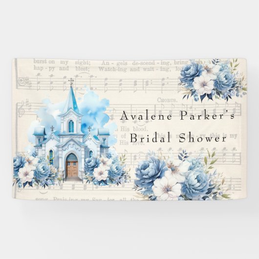 Vintage Musical Dusty Blue Peony Church Wedding Banner (Horizontal)