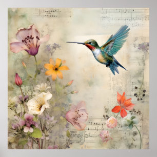 Vintage-Musik-Blumen-französische-Kolibri-Kunst Poster