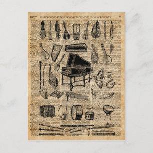 Vintage-Musik-Instrumente Wörterbuch Kunst Postkarte
