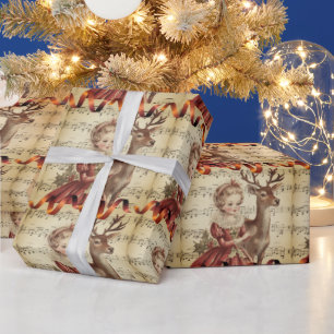 Vintage Musik Mädchen und Weihnachtsrentier Geschenkpapier