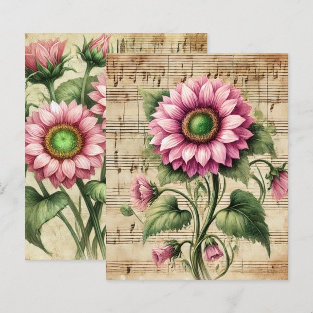 Vintage Musik Pink & Green Sonnenblumen Scrapbook (Vorne/Hinten)
