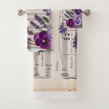 Vintage-Musik und Lavendel-Stiefmütterchen-Blumen