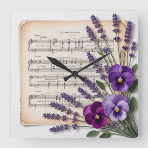 Vintage-Musik und Lavendel-Stiefmütterchen-Blumen Quadratische Wanduhr