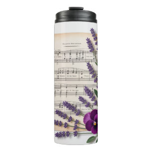 Vintage-Musik und Lavendel-Stiefmütterchen-Blumen Thermosbecher