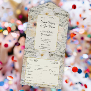 Vintage Musik Wasserfarbene Rustikale Hochzeit All In One Einladung