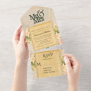 Vintage-Musikalische Blumige Hochzeit  All In One Einladung