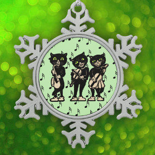 Vintage-Musiker Schwarze Katzen Musiknoten Schneeflocken Zinn-Ornament
