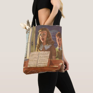 Vintage-Musiklehrer unterrichtet Schüler im Singen Tasche