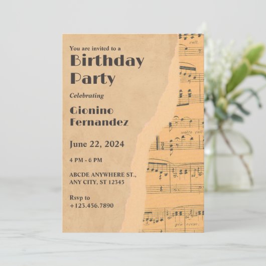 Vintage Musiknote Einladung (Stehend Vorderseite)