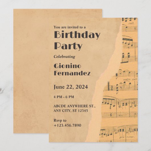 Vintage Musiknote Einladung (Vorne/Hinten)