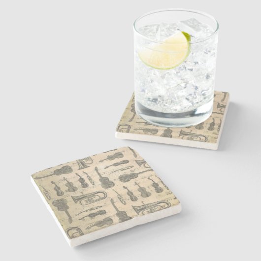 Vintage Musiknote Muster Gitarre Violin Tuba Steinuntersetzer (Seitenansicht)