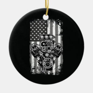 Vintage-Muskelauto-Kolben-Amerikanische-Flagge-Lus Keramik Ornament
