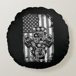 Vintage-Muskelauto-Kolben-Amerikanische-Flagge-Lus Rundes Kissen