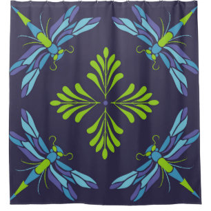 Vintage-Muster grüne blaue Libelle auf dunklem Hin Duschvorhang