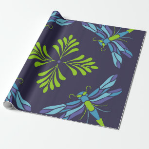Vintage-Muster grüne blaue Libelle auf dunklem Hin Geschenkpapier