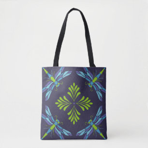Vintage-Muster grüne blaue Libelle auf dunklem Hin Tasche