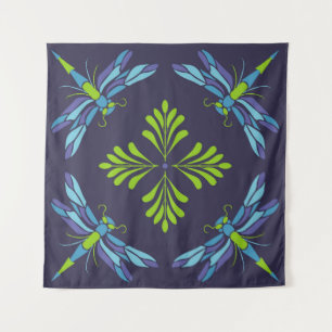 Vintage-Muster grüne blaue Libelle auf dunklem Hin Wandteppich