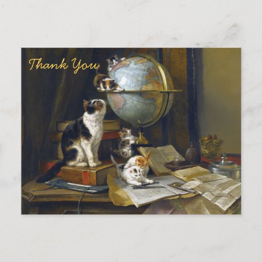 Vintage Mutter Katze Kätzchen Welt Globus Danke Postkarte (Vorderseite)