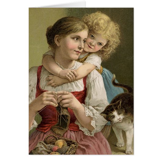 Vintage Mutter, Kind, Katze, Stricken Muttertag (Vorne)