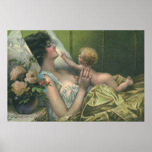 Vintage Mutter und Baby, die im Bett spielt Poster