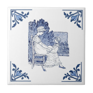 Vintage Mutter und Kind Delft Blue & White Fliese