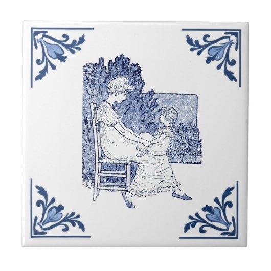 Vintage Mutter und Kind Delft Blue & White Fliese (Vorderseite)