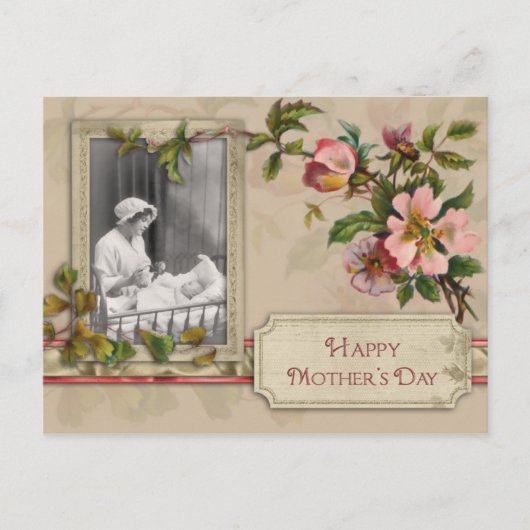 Vintage-Mutter und Kind mit Blumen Postkarte (Vorderseite)