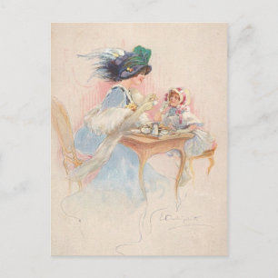 Vintage Mutter und Kind mit Tee Postkarte