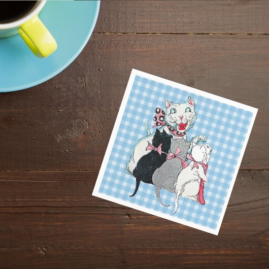 Vintage Mutterkatze Drei Kätzchen Pink Bogen Serviette