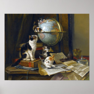 Vintage-Mutterkatze-Kätzchen-Geographie-Weltkugel Poster