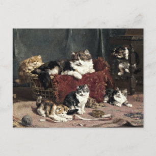 Vintage Mutterkatze mit verspieltenden Kätzchen Postkarte
