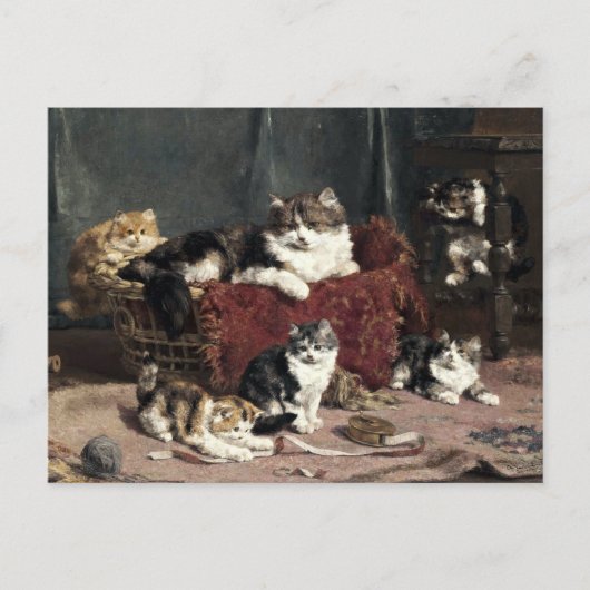 Vintage Mutterkatze mit verspieltenden Kätzchen Postkarte (Vorderseite)