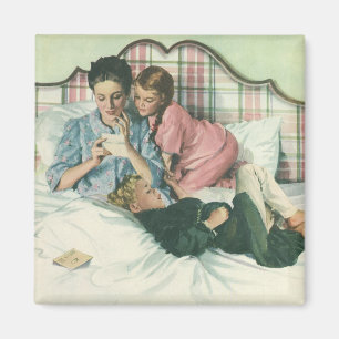 Vintage Muttertag, Kinder lesen Karten im Bett Magnet