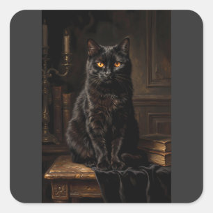 Vintage-mystisches schwarzes Katzenporträt-Ölgemäl Quadratischer Aufkleber