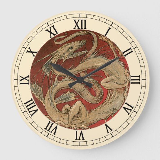 Vintage Mythologie, Goldener asiatischer Drache Große Wanduhr (Vorderseite)