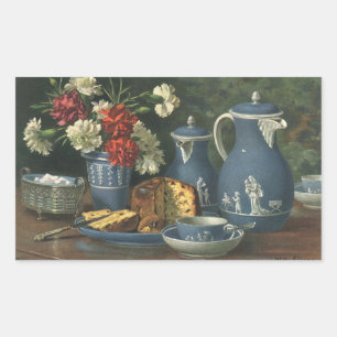 Vintage Nachmittagskaffee, Kuchen, Tee und Blumen Rechteckiger Aufkleber