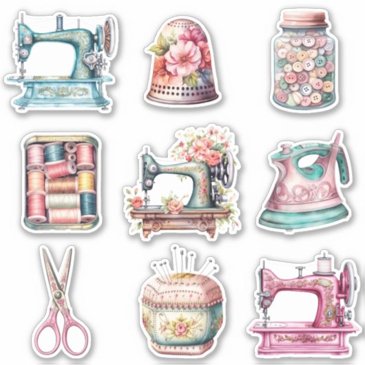 Vintage Nähelemente Aufkleber (Vorderseite)