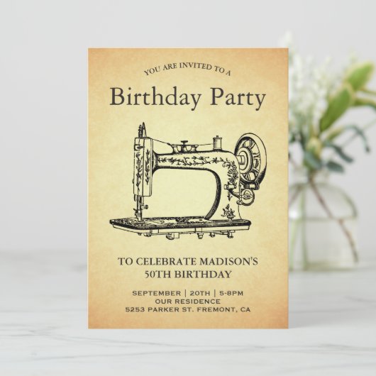 Vintage Nähmaschine Geburtstagspartei Einladung (Stehend Vorderseite)