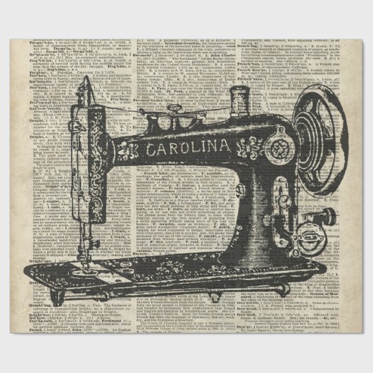 Vintage Nähmaschine-Schablone über altes Geschenkpapier (Flach)